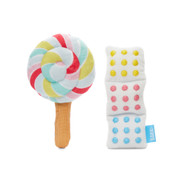 white, yellow, red, and blue lollipop and candy button plush dog toys