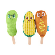three dog toys pickle corn corndog