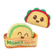 two smiling tacos with container that reads "doggo's tacos"
