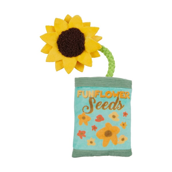 a plush seed packet with a sunflower made of fabric and rope blooming from the top