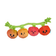 smiling plush tomatoes ranging from orange to deep red on a light green rope vine