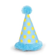 blue party hat with bright yellow dots and blue pom pom